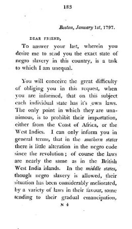 NEGRO SLAVERY - state of in the Southern, Middle, and New England States - abolition society - extract from Jefferson's Virginia