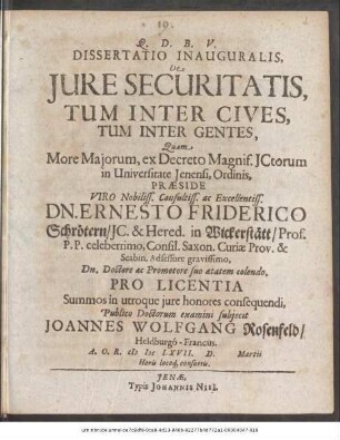 Dissertatio Inauguralis, De Iure Securitatis, Tum Inter Cives, Tum Inter Gentes