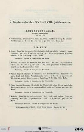 I. Kupferstiche des XVI-XVIII. Jahrhunderts (Nr. 1-488)