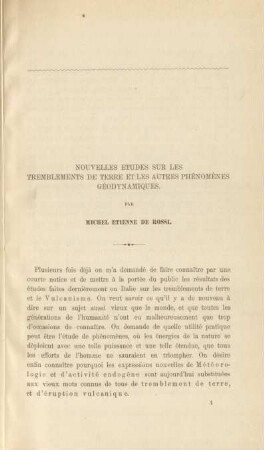 Nouvelles études sur les tremblements de terre et les autres phénomènes géodynamiques