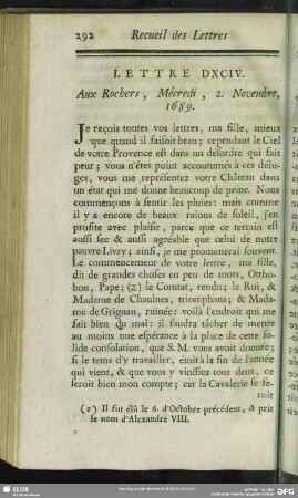 Lettre DXCIV. Aux Rochers, Mécredi, 2. Novembre, 1689