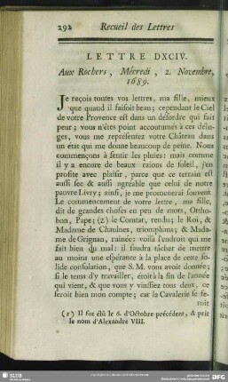 Lettre DXCIV. Aux Rochers, Mécredi, 2. Novembre, 1689