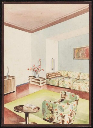 Wohnzimmermöbel. Dreisitzer, Sessel, runder Tisch, Beistellmöbel, Schränkchen, Deko