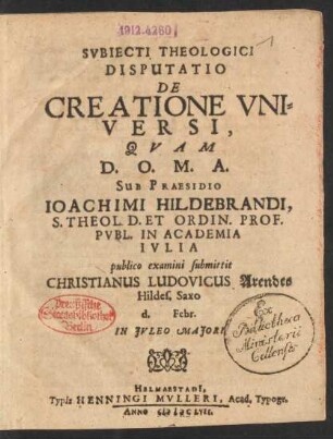 Subiecti Theologici Disputatio De Creatione Universi