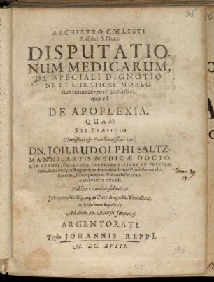 Disputationum Medicarum, De Speciali Dignotione Curatione Morborum totius corporis humani ea, quae est De Apoplexia