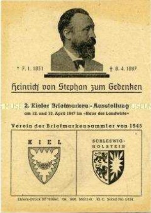 Postkarte zum 150. Todestag von Heinrich von Stephan, mit Sonderstempel