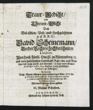Traur-Gedicht und Threnen-Pflicht dem David Scheinemann : als derselbe anno 1676 verschieden