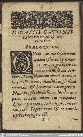 Dionysii Catonis Sententiae & Disticha