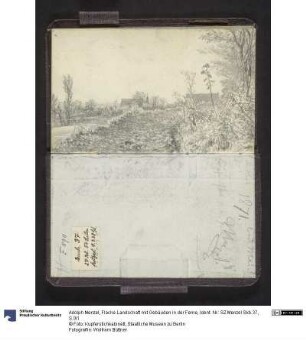 Flache Landschaft mit Gebäuden in der Ferne