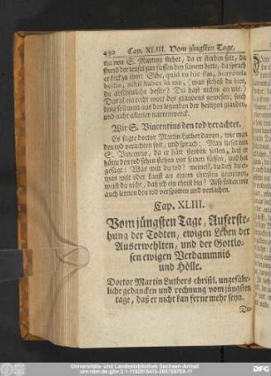 Cap. XLIII. Vom jüngsten Tage, Auferstehung der Todten, ewigen Leben der Auserwehlten, und der Gottlosen ewigen Verdammnis und Hölle.