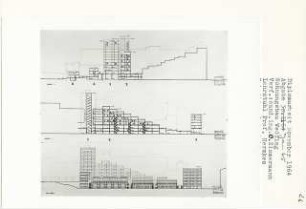 Wohnungsbau, Berlin-Wedding (Diplomarbeit bei Bernhard Hermkes): Ansicht von Süden und Schnitte