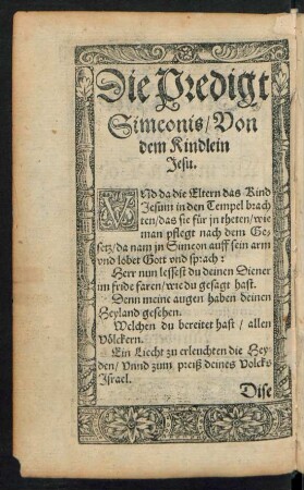Die Predigt Simeonis/ Von dem Kindlein Jesu.