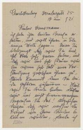 Brief von Arthur Segal an Raoul Hausmann. Berlin
