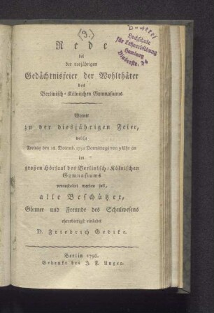 Freitag den 28. Decemb. ... im großen Hörsaal des Berlinisch-Kölnischen Gymnasiums ... D. Friedrich Gedike