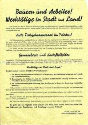 Aufruf des Landrates Oelsnitz zur Frühjahrsaussaat