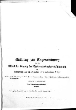 Anlage: Nachtrag zur Tagesordnung für die öffentliche Sitzung, 17. Dezember 1917
