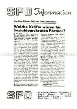 Flugblatt des Schwedter Kreisverbandes der SPD zur Volkskammerwahl der DDR am 18. März 1990