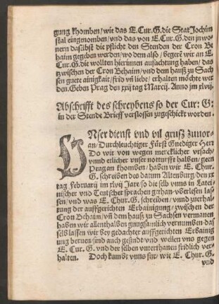 Abschrifft des schreybens so der Cur: G: in der Stende Brieff verslossen zugeschickt worden.