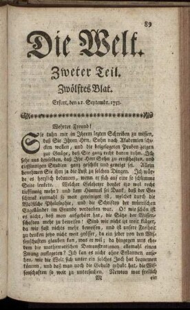 Zwölftes Blat. Erfurt, den 22. Septembr. 1753.
