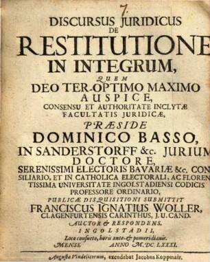 Discursus Iuridicus De Restitutione In Integrum