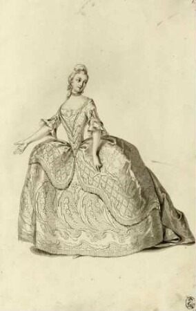Regina Mingotti, Sopran, in der Rolle der Ipermestra (aus dem Vestiarium der Oper "Ipermestra", aufgeführt am 7. Oktober 1751 in Hubertusburg)