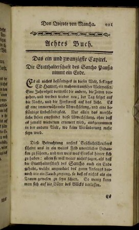 Das ein und zwanzigste Capitel. Die Statthalterschaft des Sancho Panßa nimmt ein Ende.
