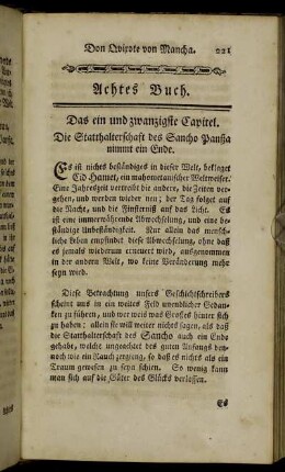 Das ein und zwanzigste Capitel. Die Statthalterschaft des Sancho Panßa nimmt ein Ende.