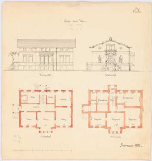 Villa: Grundrisse KG, EG, Vorderansicht, Giebelansicht