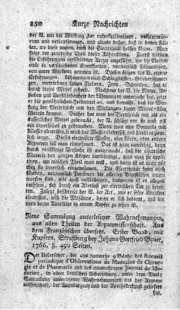 Neue Sammlung auserlesener Wahrnehmungen, aus allen Theilen der Arzneywissenschaft. Bd.1.