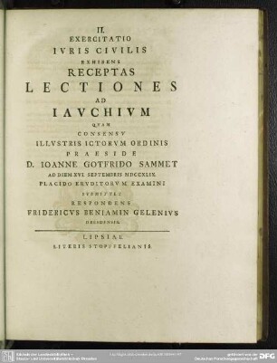 II. Exercitatio Iuris Civilis Exhibens Receptas Lectiones Ad Iauchium