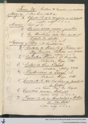 Handschriftliches Inhaltverzeichnis des Bandes