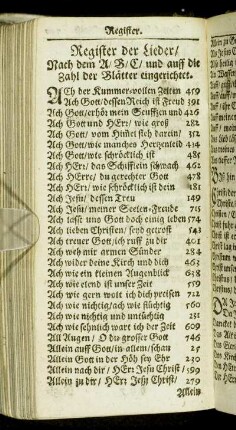Register der Lieder/ Nach dem A/ B/ C/ und auff die Zahl der Blätter eingerichtet.