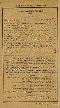 Table des matières. Août 1888.