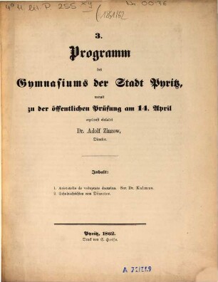 Programm des Gymnasiums der Stadt Pyritz : womit zu der öffentlichen Prüfung ... ergebenst einladet. 1861/62 = 3