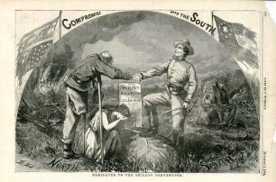 Dedicated to the Chicago convention : ein verkrüppelter Soldat der Nordstaaten und ein Soldat der Konföderation, mit der Peitsche in der Hand, reichen sich über das Grab eines Unionssoldaten hinweg die Hände. Neben dem Grab kniet Columbia