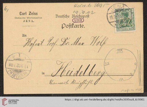 Briefe von Carl Zeiss (Jena) an Max Wolf: Karte von Georg Orth von Carl Zeiss (Jena) an Max Wolf