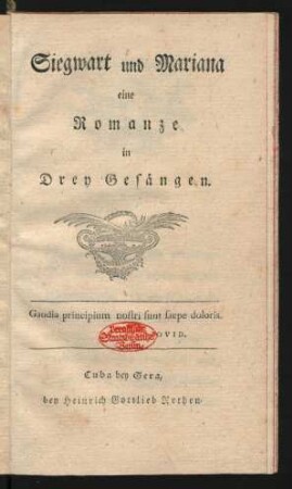 Siegwart und Mariana : eine Romanze in Drey Gesängen