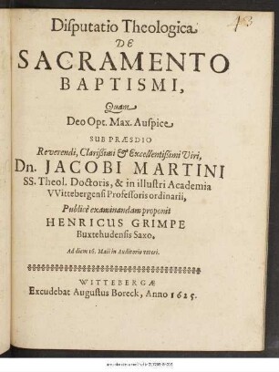 Disputatio Theologica De Sacramento Baptismi