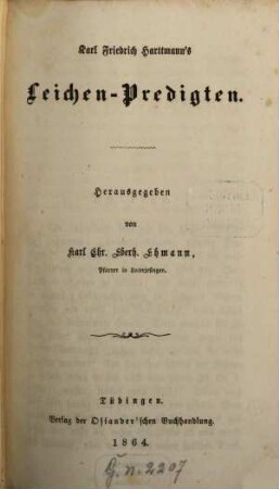 Karl Friedrich Harttmann's Casual- u. Passionspredigten : Hrsg. von Karl Chr. Eberh. Ehmann. 2