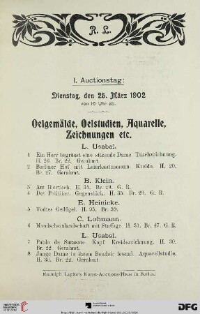 Oelgemälde, Oelstudien, Aquarelle, Zeichnungen etc. (Nr. 1-170)