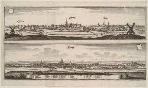 Panorama-Stadtansichten von Prettin mit dem Schloss Lichtenburg (Annaburg-Prettin in Sachsen-Anhalt) und Chemnitz in Sachsen, aus Merians Topographia Superioris Saxoniae