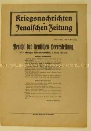 Nachrichtenblatt der "Jenaischen Zeitung" zum Kriegsverlauf an der West- und Ostfront