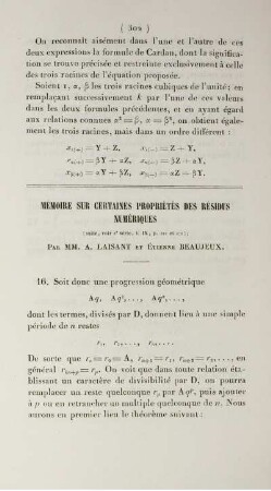 Mémoire sur certaines propriétés des résidus numériques.