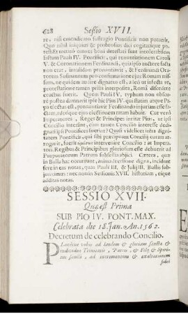 Sessio XVII. Quæ est Prima Sub Pio IV. Pont. Max. Celebrata die 18. Jan. An. 1562.
