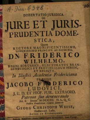Dissertatio Juridica De Jure Et Jurisprudentia Domestica