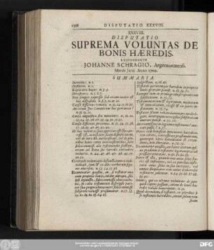 XXXVIII. Disputatio Suprema Voluntas De Bonis Haeredis. Respondente Iohanne Schragio, Argentoratensi. Mense Iulii Anno 1702.