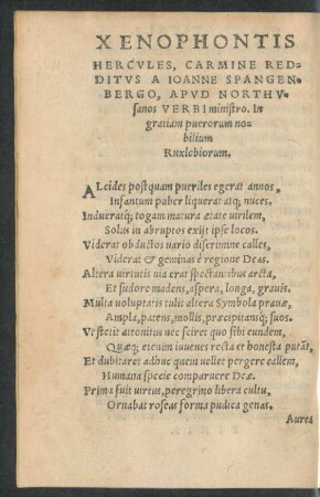 Xenophontis Hercules, Carmine Redditus A Ioanne Spangenbergo, Apud Northusanos Verbi ministro. In gratiam puerorum nobilium Ruxlebiorum.