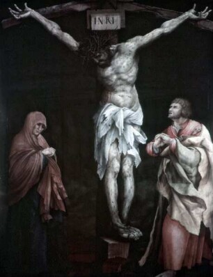 Zwei Tafeln eines Kreuzaltars — Kreuztragung Christi — Christus am Kreuz zwischen Maria und Johannes