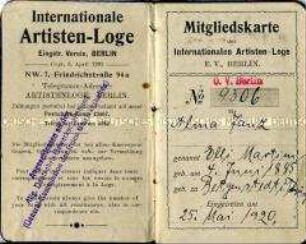 Mitgliedsausweis der Internationalen Artisten-Loge
