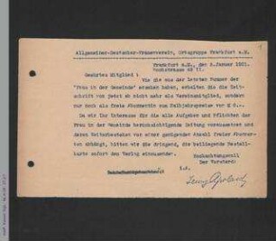 Rundschreiben der Ortsgruppe Frankfurt an ihre Mitglieder